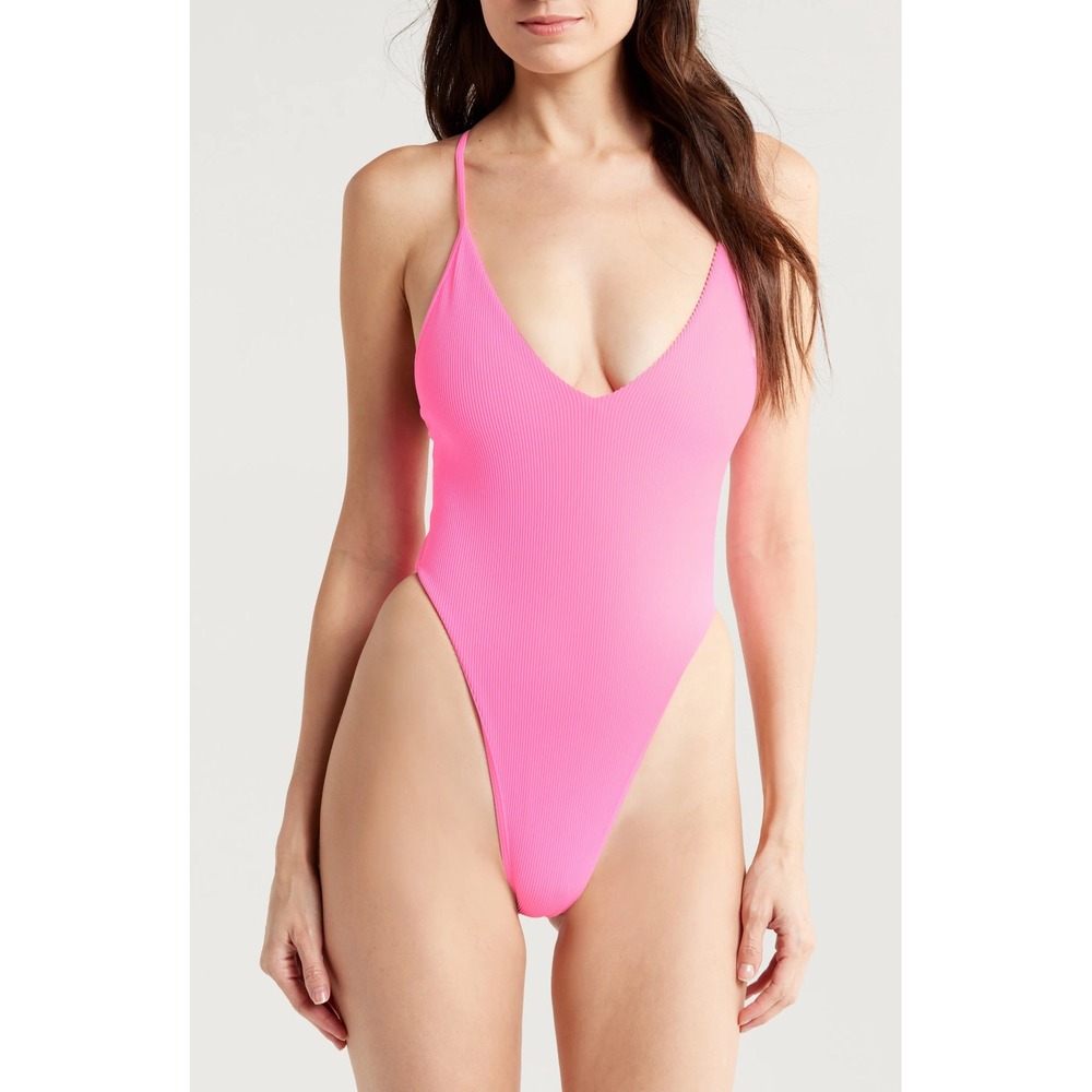 Kulani Kinis Taffy Pink Ribbed Plunge Cross Back One Piece Swimsuit Small NEW